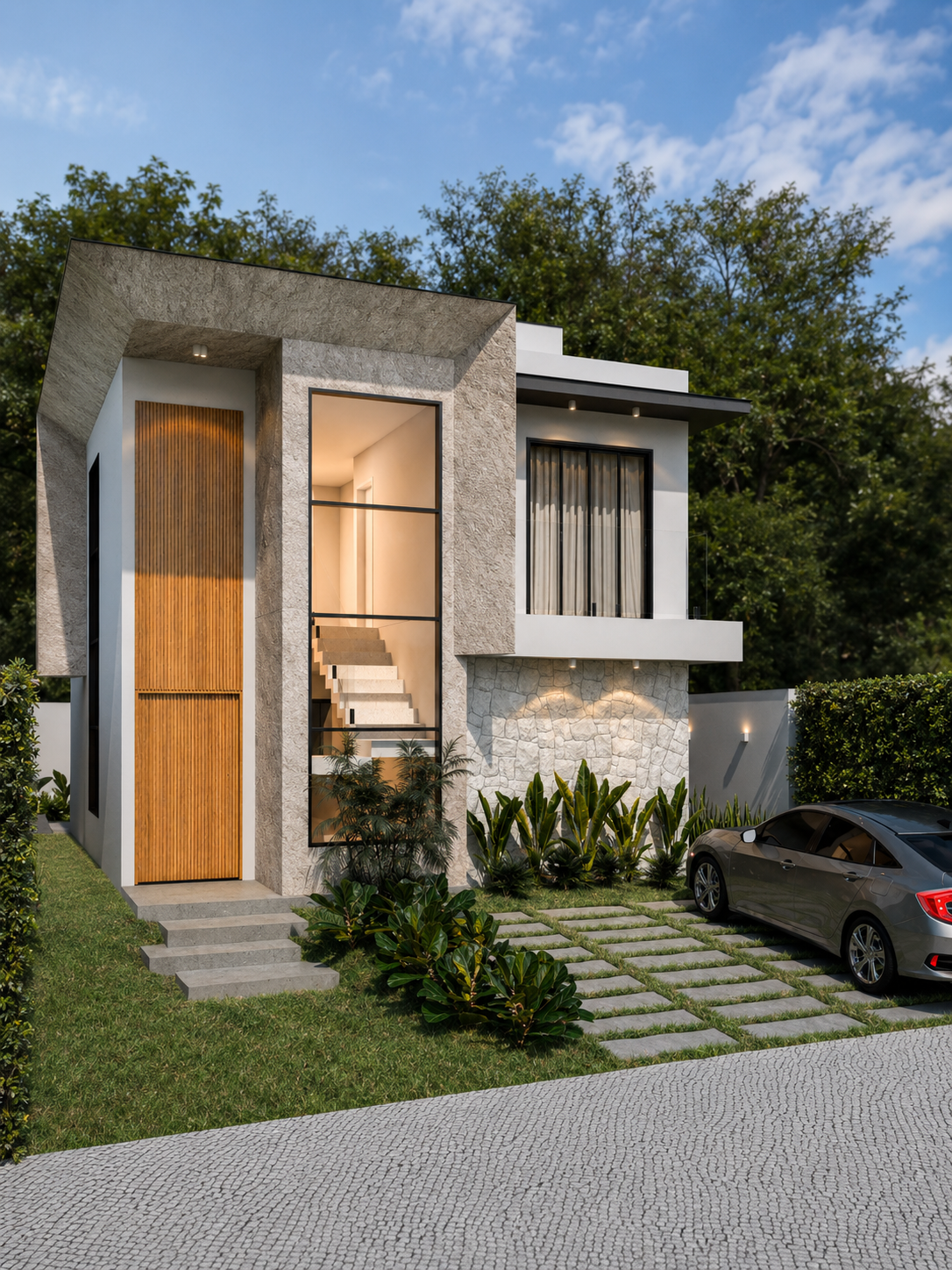 Fachada contemporânea da Casa 01 no Residencial HortoVille